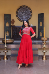 Premium Designer Readymade Gown for Women – Faux Blooming Embroidery Zari Sequins Work Party Wear Gown