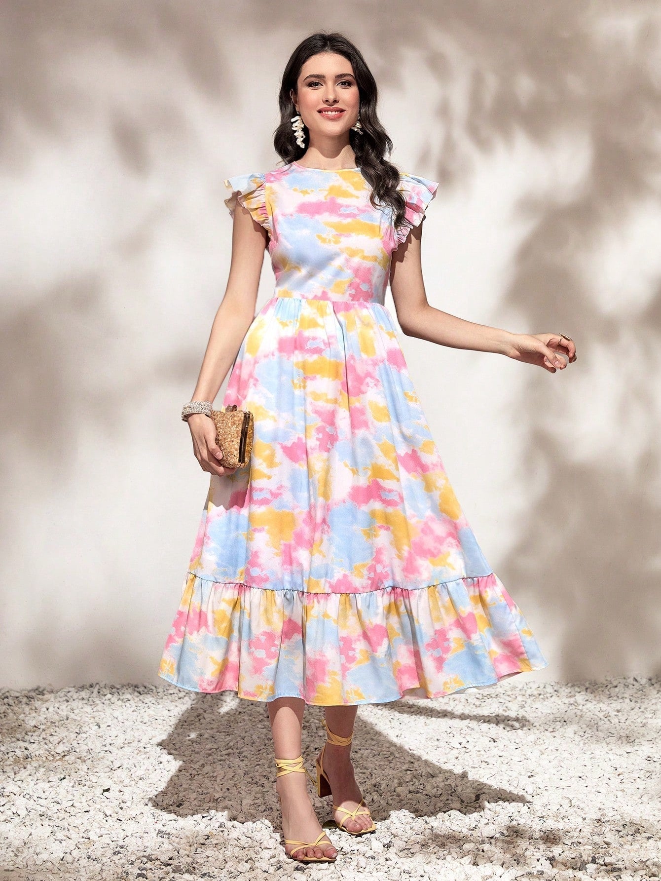 WesternStitch Round Neck Tie Ruffle Hem A Line Dress Short Sleeve Long Dress WesternStitch