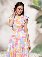 WesternStitch Round Neck Tie Ruffle Hem A Line Dress Short Sleeve Long Dress WesternStitch