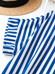 WesternStitch Summer Casual Striped Notched Neck Short Sleeve Midi Dress WesternStitch