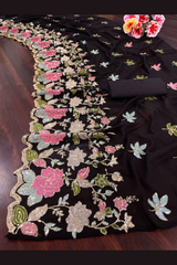 Designer Floral Embroidered Saree With Sequins | Black