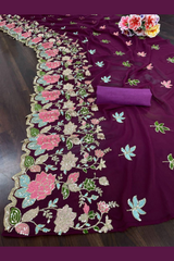 Designer Floral Embroidered Saree With Sequins | Wine