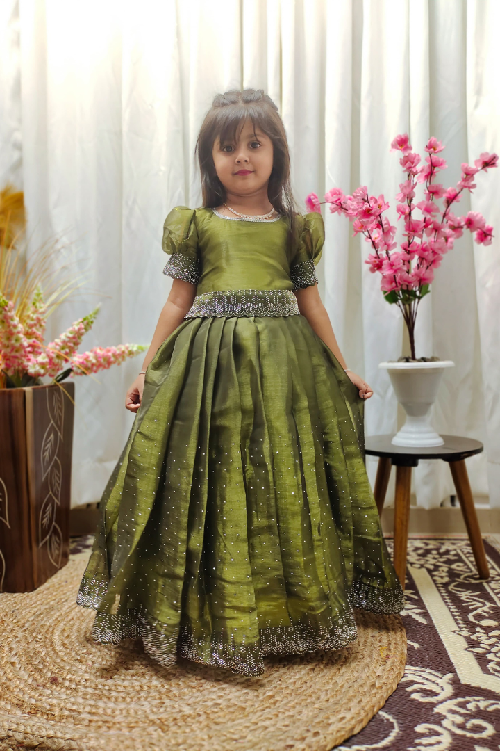 Jimmy Choo Silk Kids Gown with Swarovski Work Green