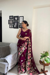 Designer Floral Embroidered Saree With Sequins | Wine