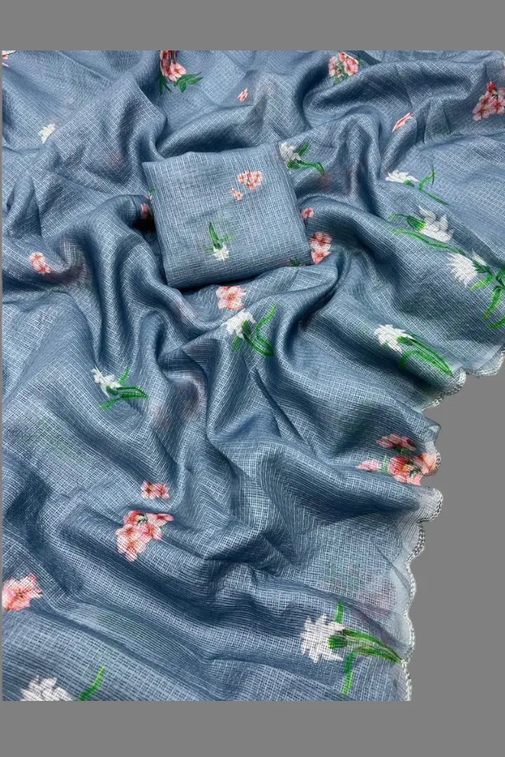 Printed Blouse with Khadi Kota Cut Work Border Saree - lookrange