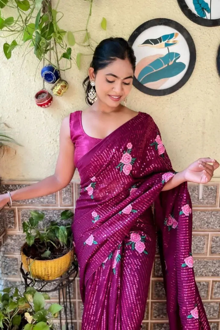 Embroidery Designer Georgette Saree with Sequin and Thread Work - lookrange