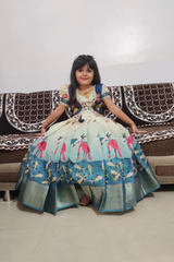 white Pure Silk Kids Gown with Kalamkari Jacket