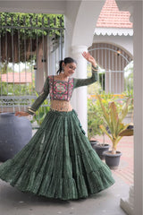 Front view of Navratri Bandhani Print Faux Georgette Lehenga Choli with 12-meter flair.