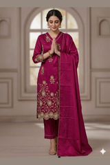 Buy 3-Piece Embroidered Art Silk Kurti Set for Women | Designer Ethnic Wear