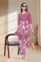 Side view of stylish women's slub cotton embroidered cord set with premium craftsmanship.
