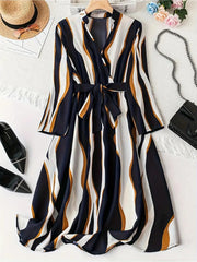 WesternStitch Abstract Print Surplice Neck Belted Dress, Casual Long Sleeve Dress WesternStitch