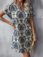 WesternStitch Ethnic Floral Print Dress, Vintage Notched Neck Short Sleeve Dress WesternStitch