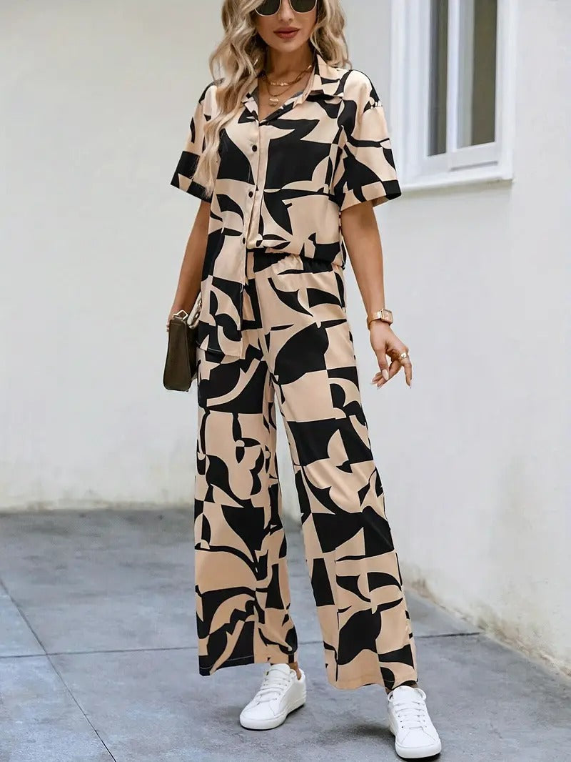 WesternStitch Rayon Button Front Short Graphic Print Elegant Two Piece Set for Women WesternStitch