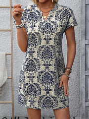 WesternStitch Ethnic Floral Print Dress, Vintage Notched Neck Short Sleeve Dress WesternStitch