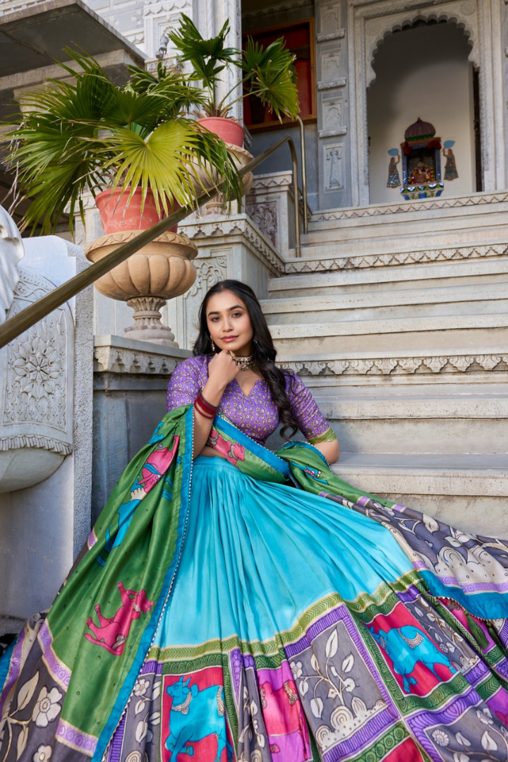 Luxury Tasar silk lehenga set with traditional Indian artwork