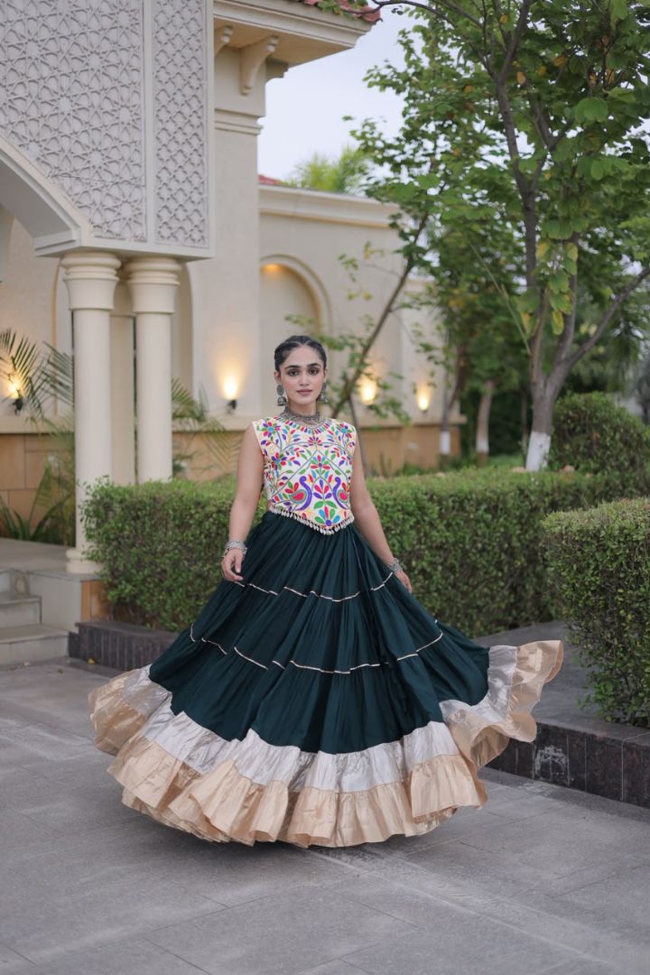 C Green color full stitched Garba lehenga for women