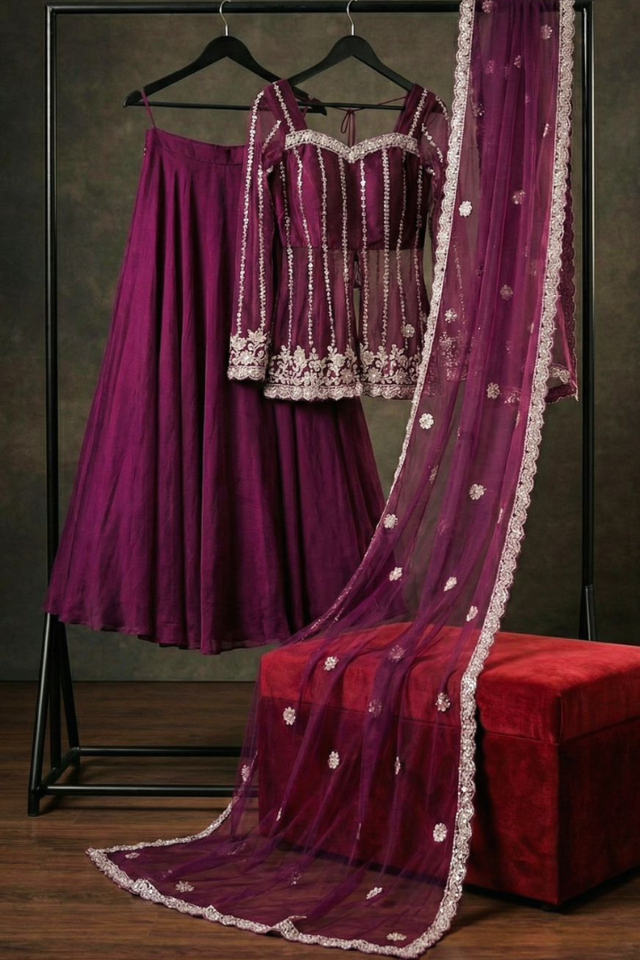 Designer Silk Satin Lehenga with Heavy Beadwork Dupatta