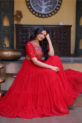 Premium Designer Readymade Gown for Women – Faux Blooming Embroidery Zari Sequins Work Party Wear Gown