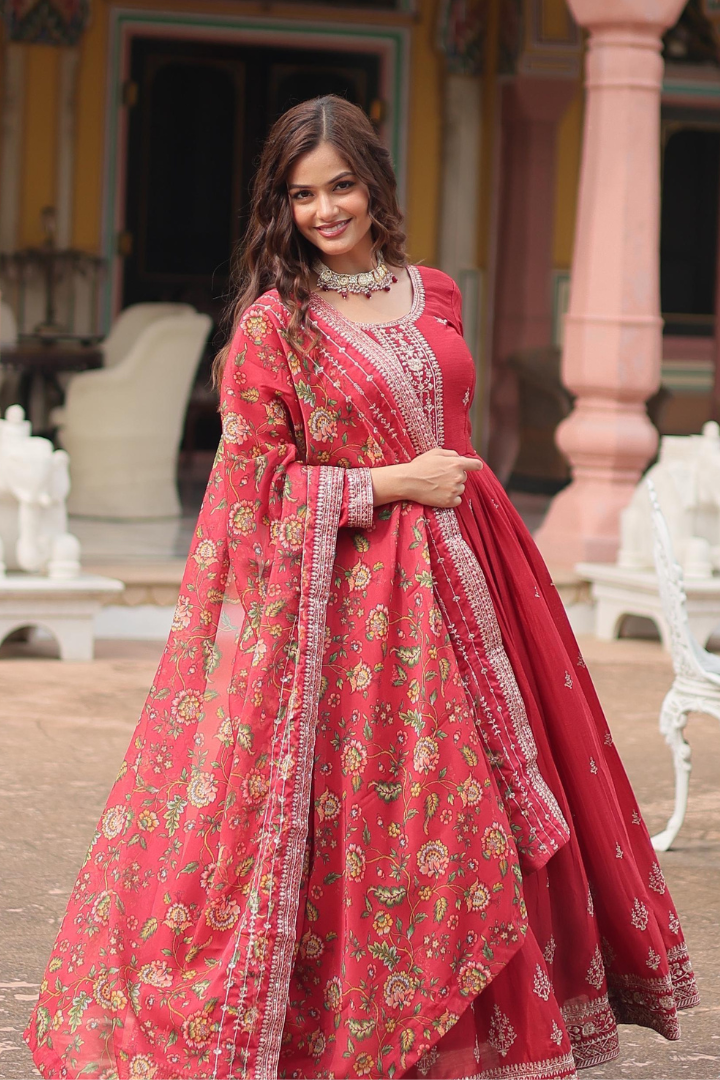 3 Colors Designer Chinon Gown With Dupatta
