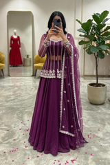 Designer Wine Silk Satin Lehenga with Heavy Beadwork Dupatta