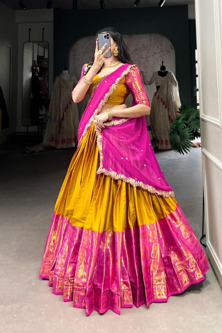 South Indian Lehenga Choli Set – 3.5m Flair | Narayan Pattu