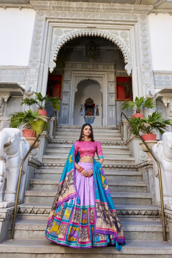 Royal Tasar silk lehenga set with Kalamkari and foil work