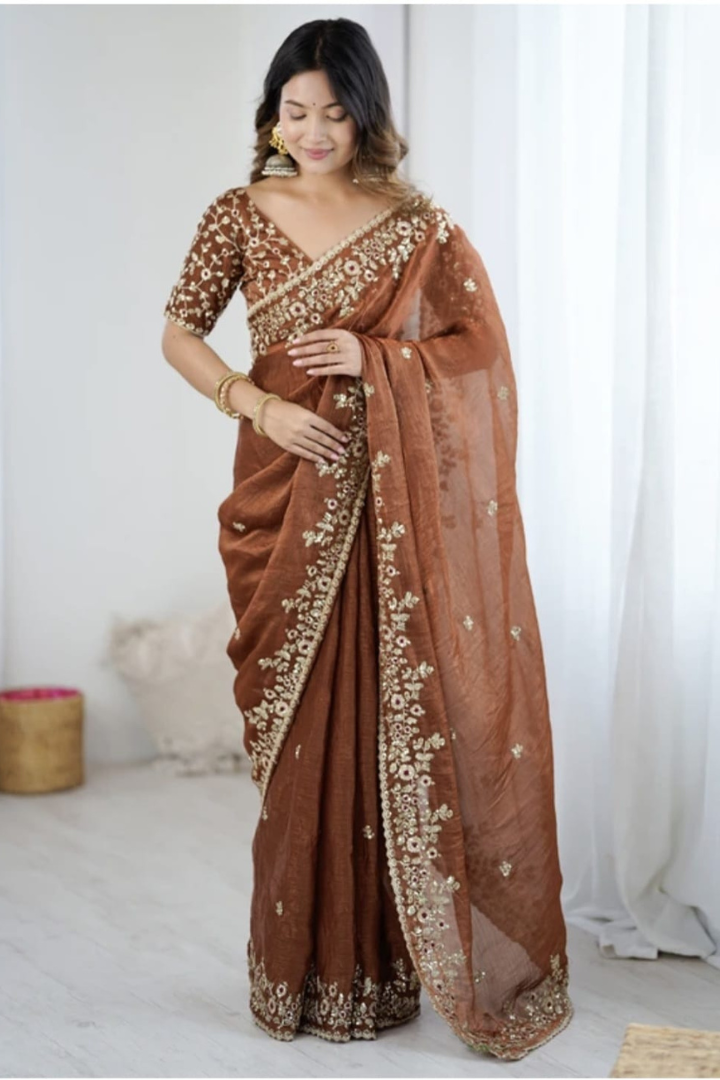 Soft Fandy Chiffon Saree with Fancy C Pallu Sequence Thread Work.