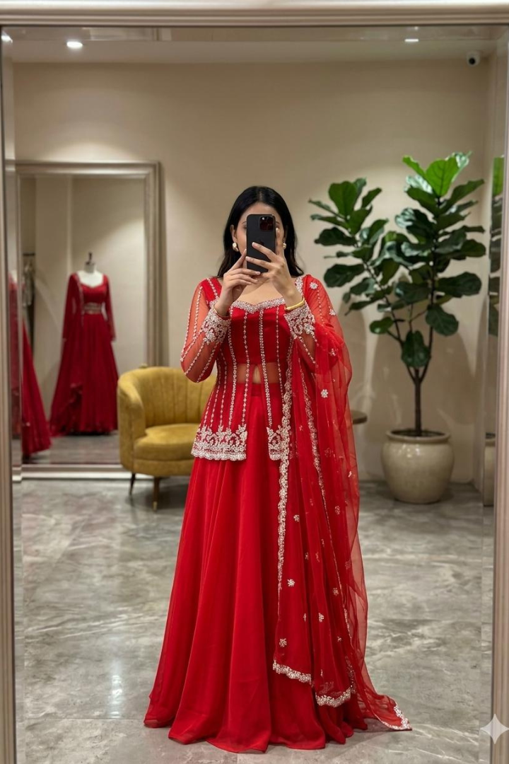 Designer Silk Satin Lehenga with Heavy Beadwork Dupatta