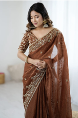 Soft Fandy Chiffon Saree with Fancy C Pallu Sequence Thread Work.