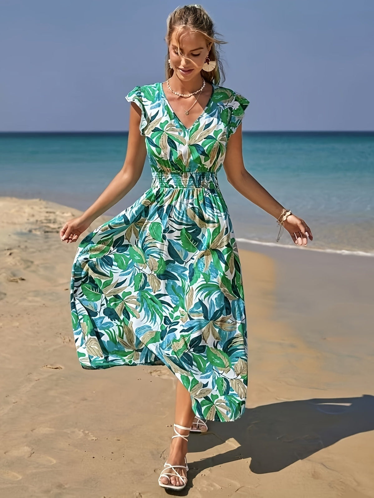 WesternStitch Tropical Leaf Print Beach Maxi Dress WesternStitch