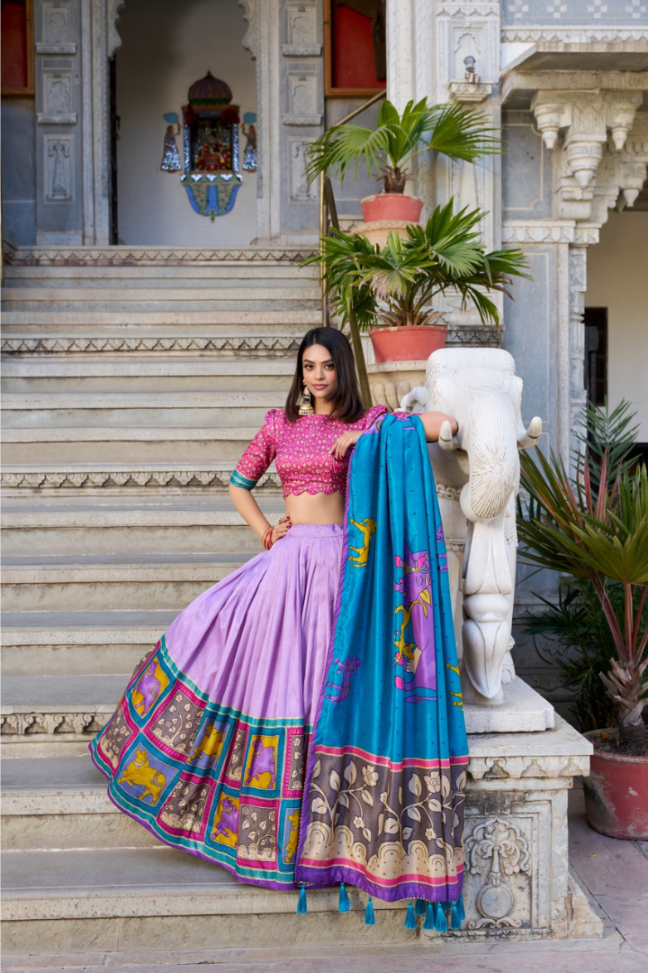 Elegant Tasar silk lehenga with wide flair and rich fabric