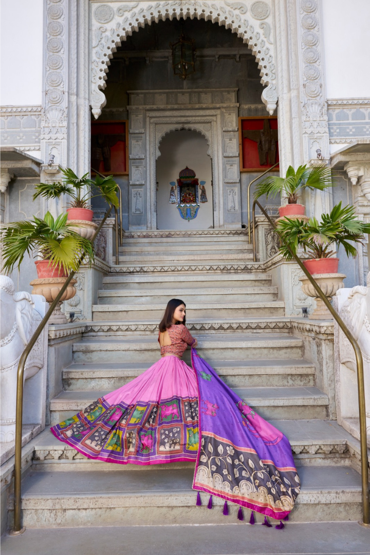 Festive wear Tasar silk lehenga set with printed blouse