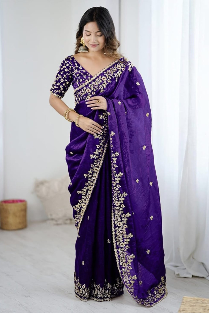 Soft Fandy Chiffon Saree with Fancy C Pallu Sequence Thread Work