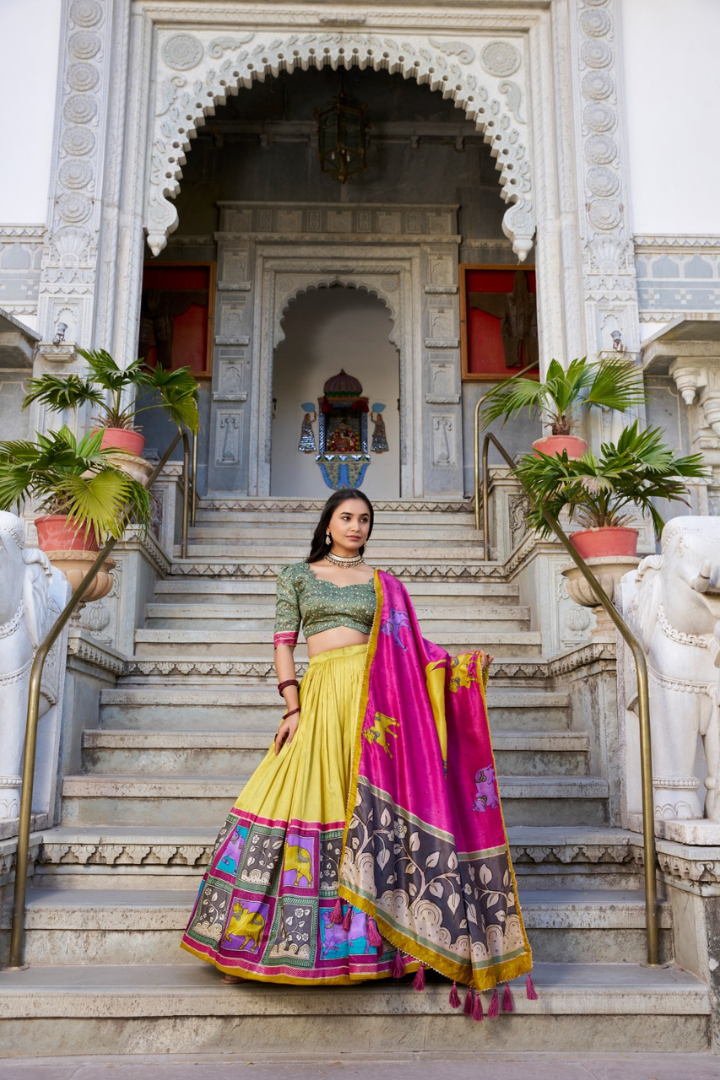 Wedding-ready Tasar silk lehenga with Kalamkari dupatta