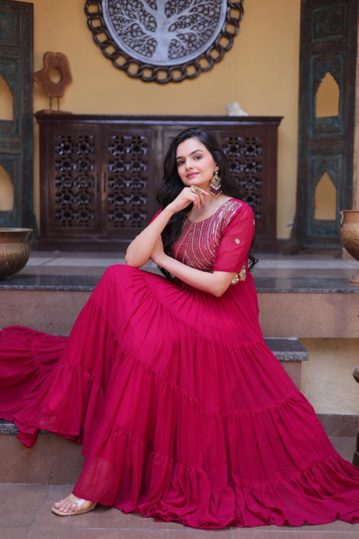 Premium Designer Gown Collection – 12 Mtr Flair Embroidered Party Wear Gown