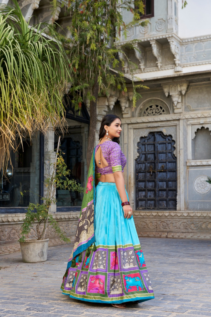 Premium Tasar silk lehenga featuring foil work detailing