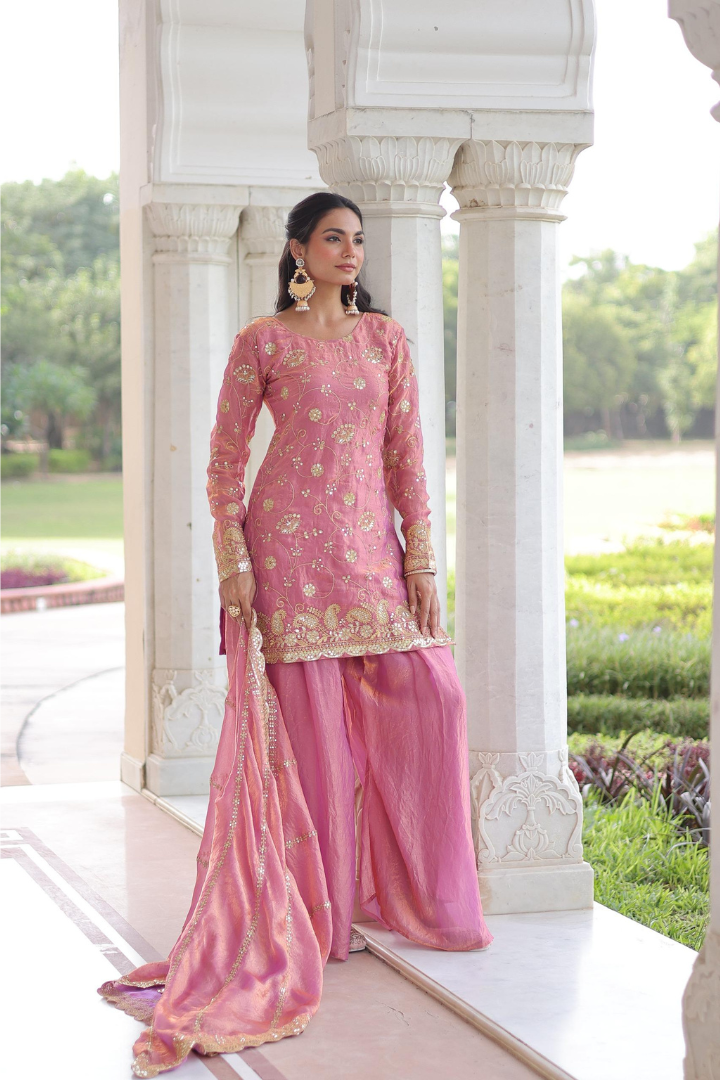 Premium Designer Fendy Sharara Suit with Zari Embroidered Dupatta