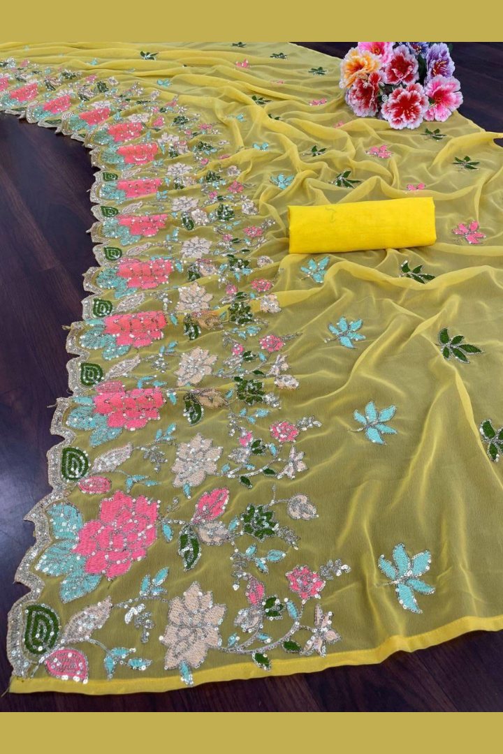 Designer Floral Embroidered Saree With Sequins | Yellow