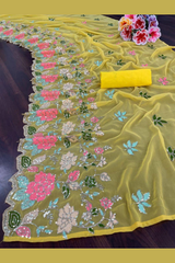 Designer Floral Embroidered Saree With Sequins | Yellow