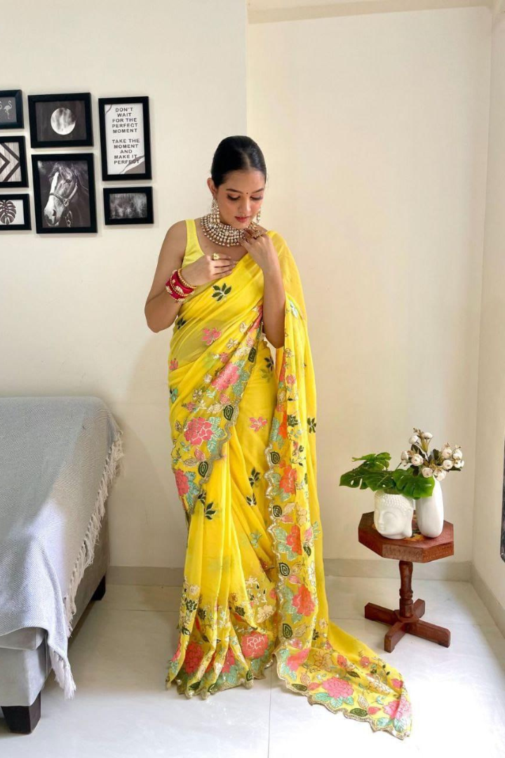 Designer Floral Embroidered Saree With Sequins | Yellow