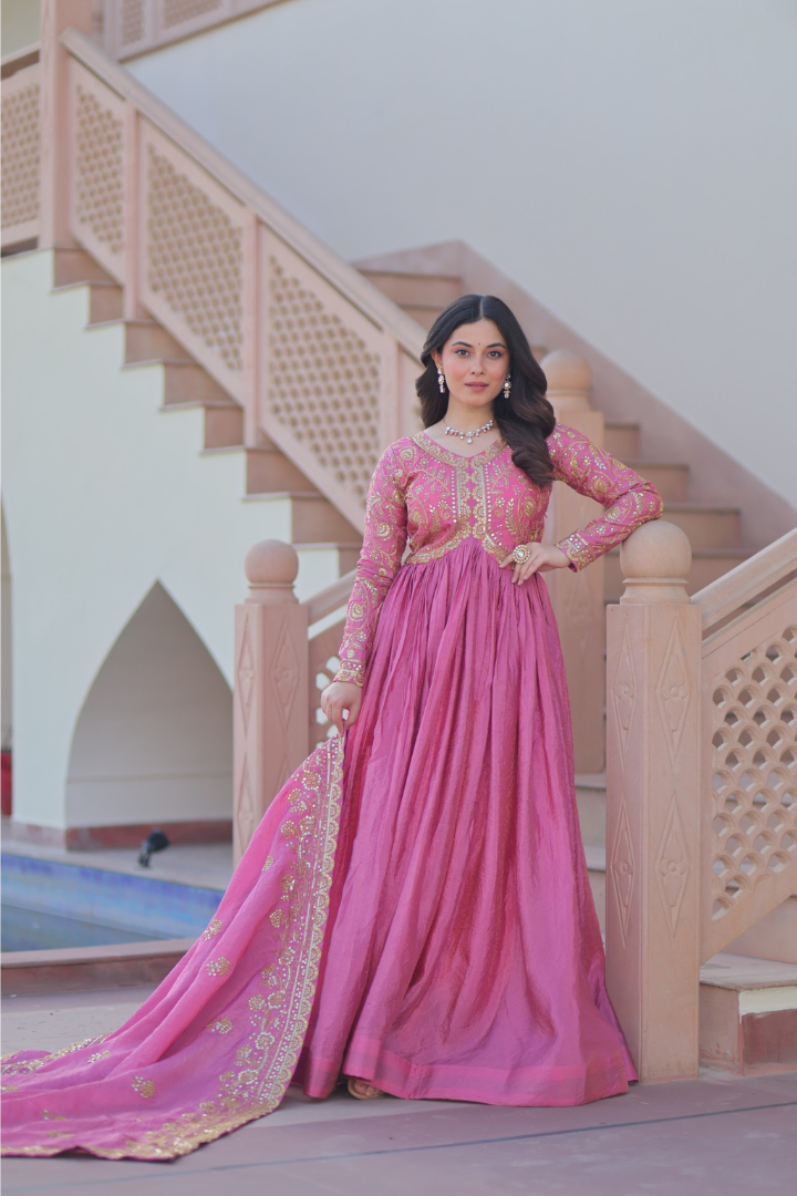 Elegant Gold Crush Designer Gown with Embroidered Dupatta for Wedding Functions