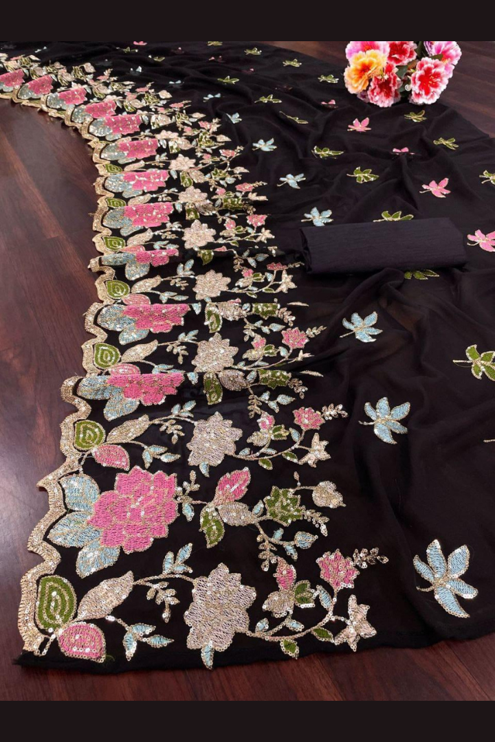 Designer Floral Embroidered Saree With Sequins | Black