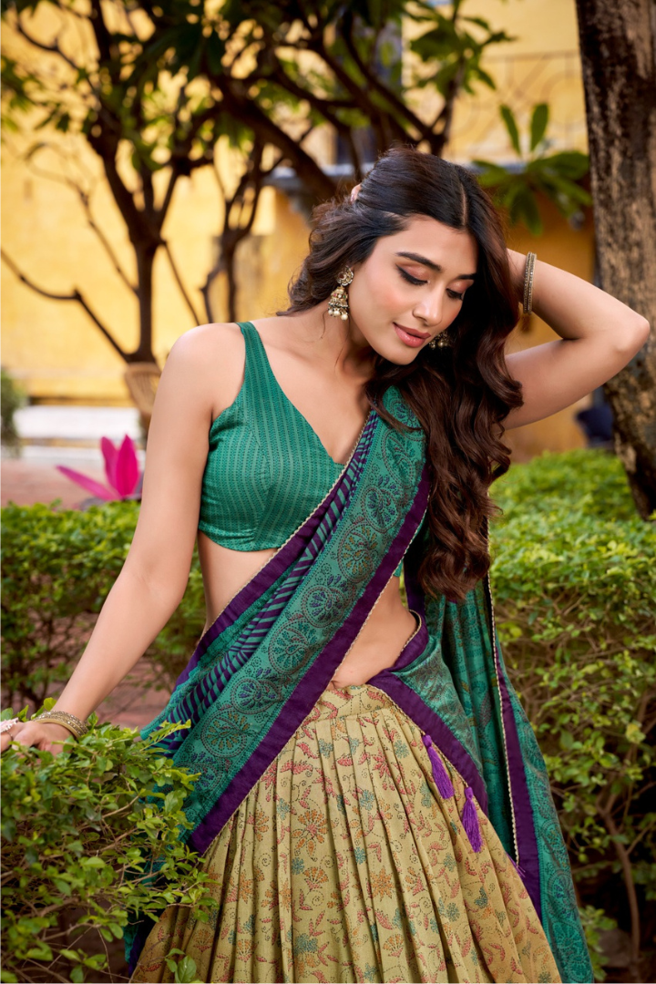 Vichitra silk printed lehenga chol