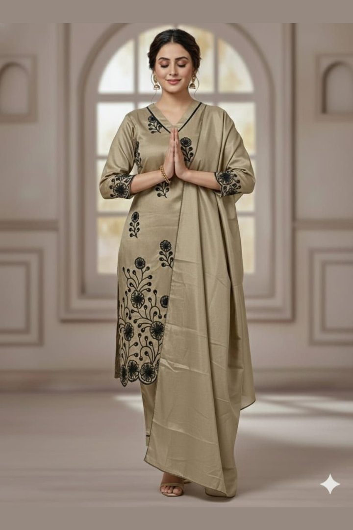 Piece Embroidered Art Silk Kurti Set for Women