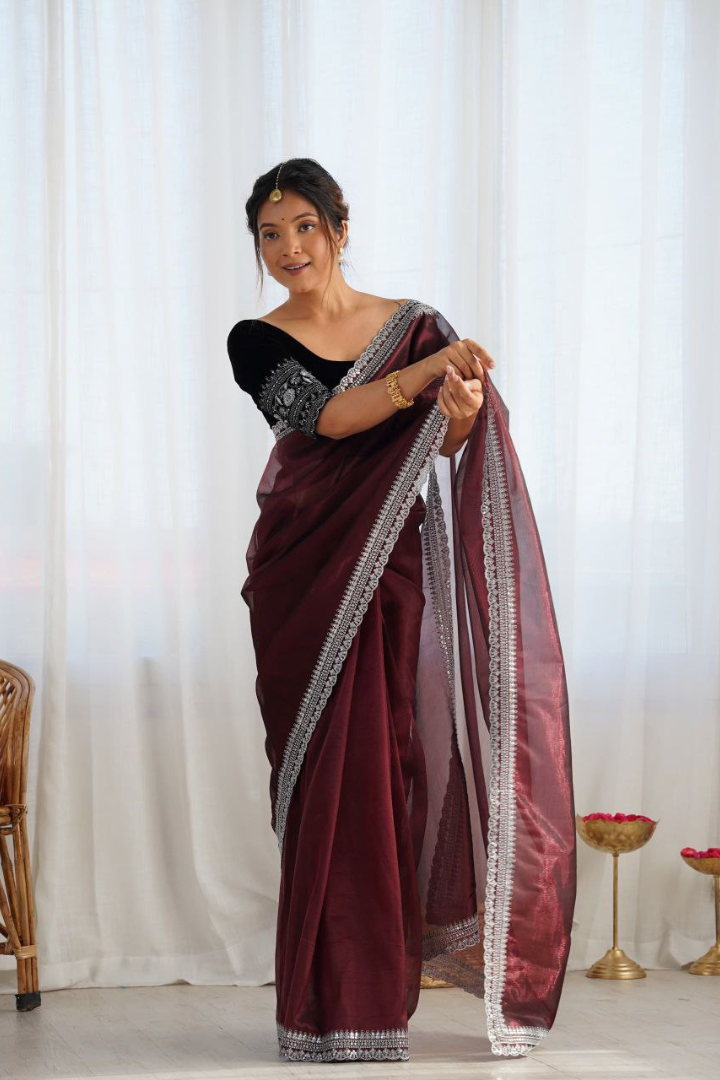 Elegant Sequence Sarees with Velvet Blouse