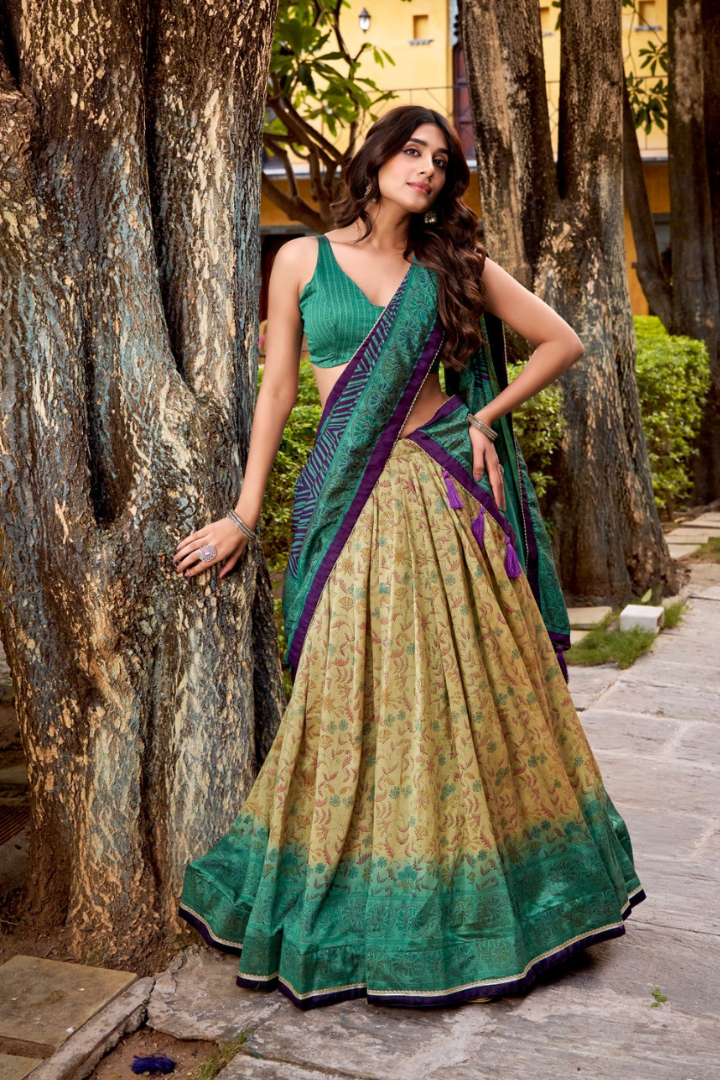 Vichitra silk printed lehenga chol