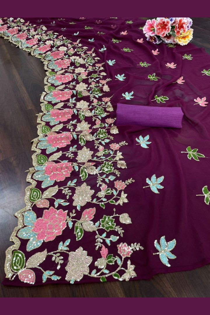 Designer Floral Embroidered Saree With Sequins | Wine