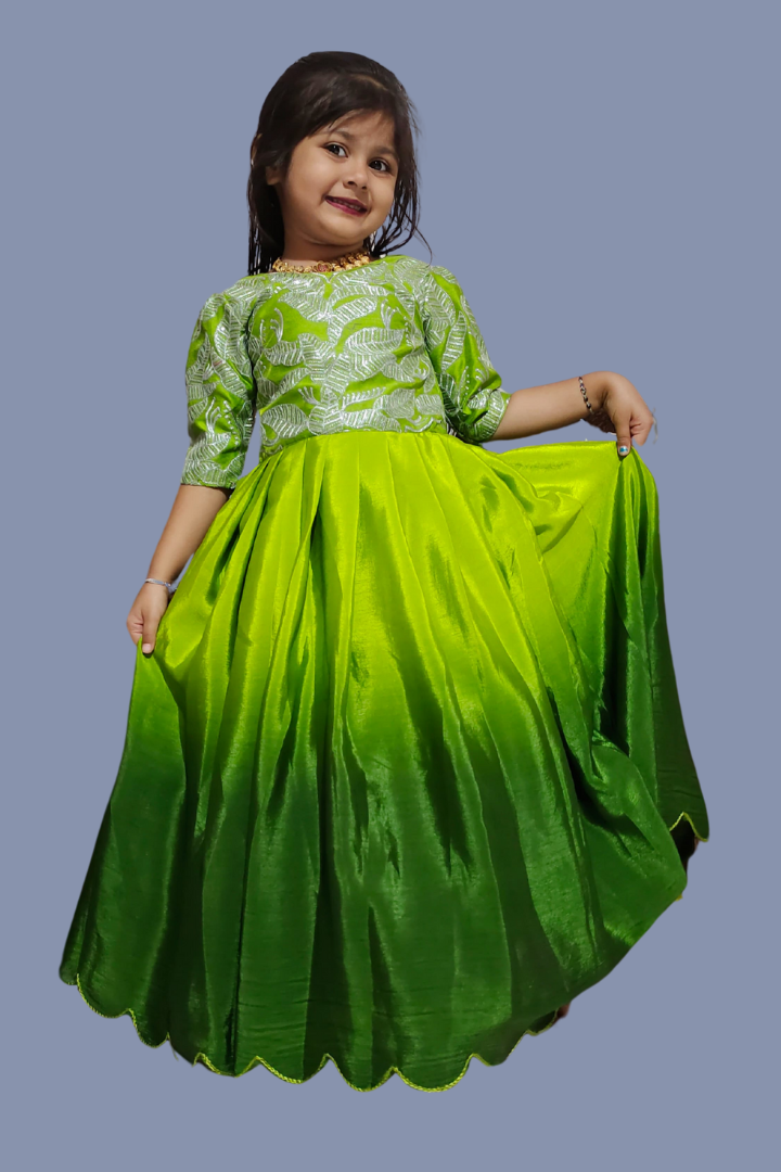 Full Stitched Pure Chinon Silk Gown Green Colour
