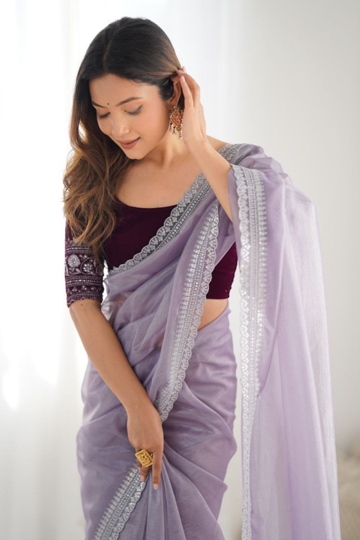 Elegant Sequence Sarees with Velvet Blouse