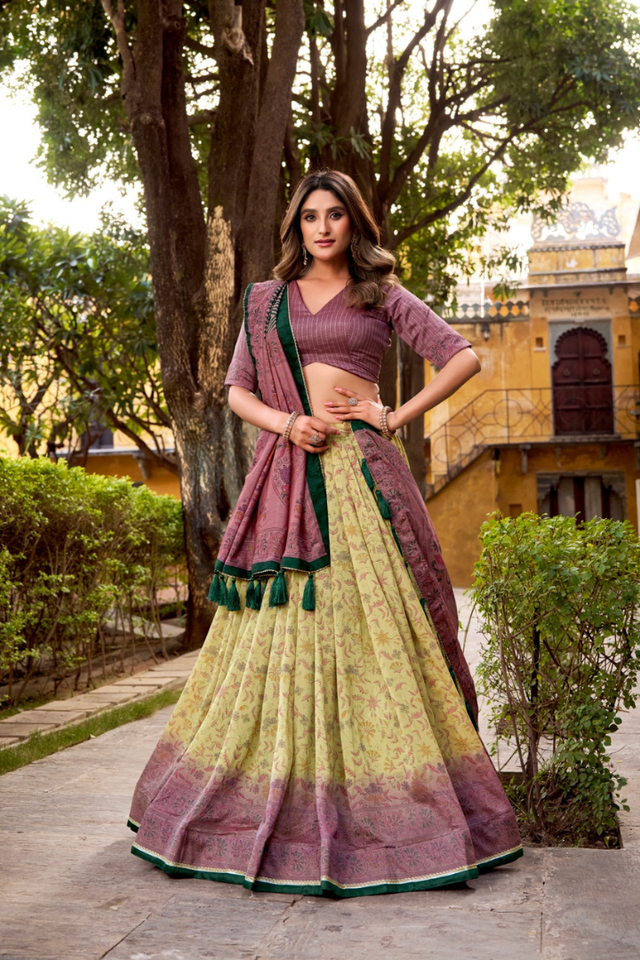 Vichitra silk printed lehenga chol